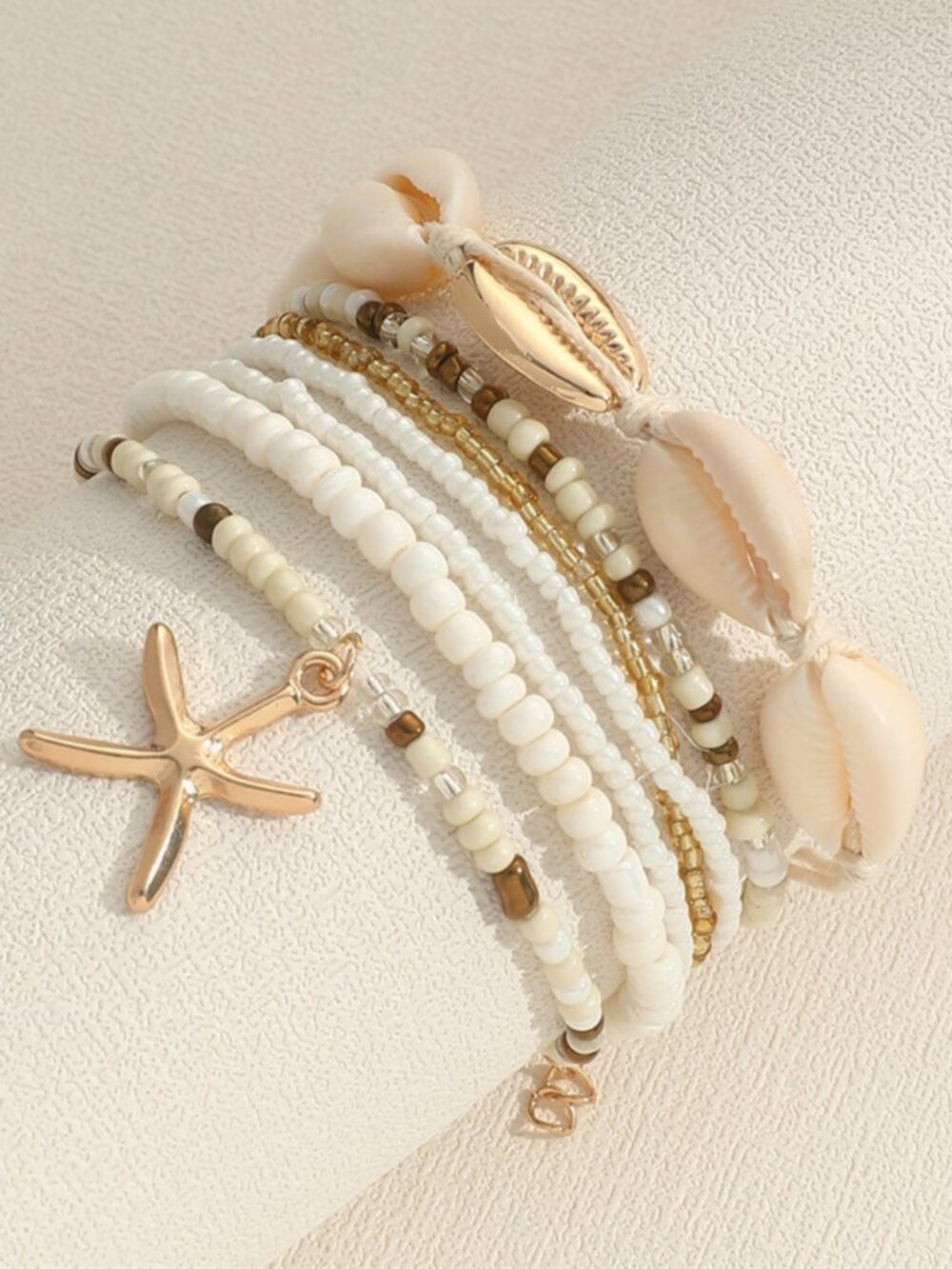 7 pcs Bohemian Style Beaded Bracelets With Shell, Beads & Starfish Pendants- NWT